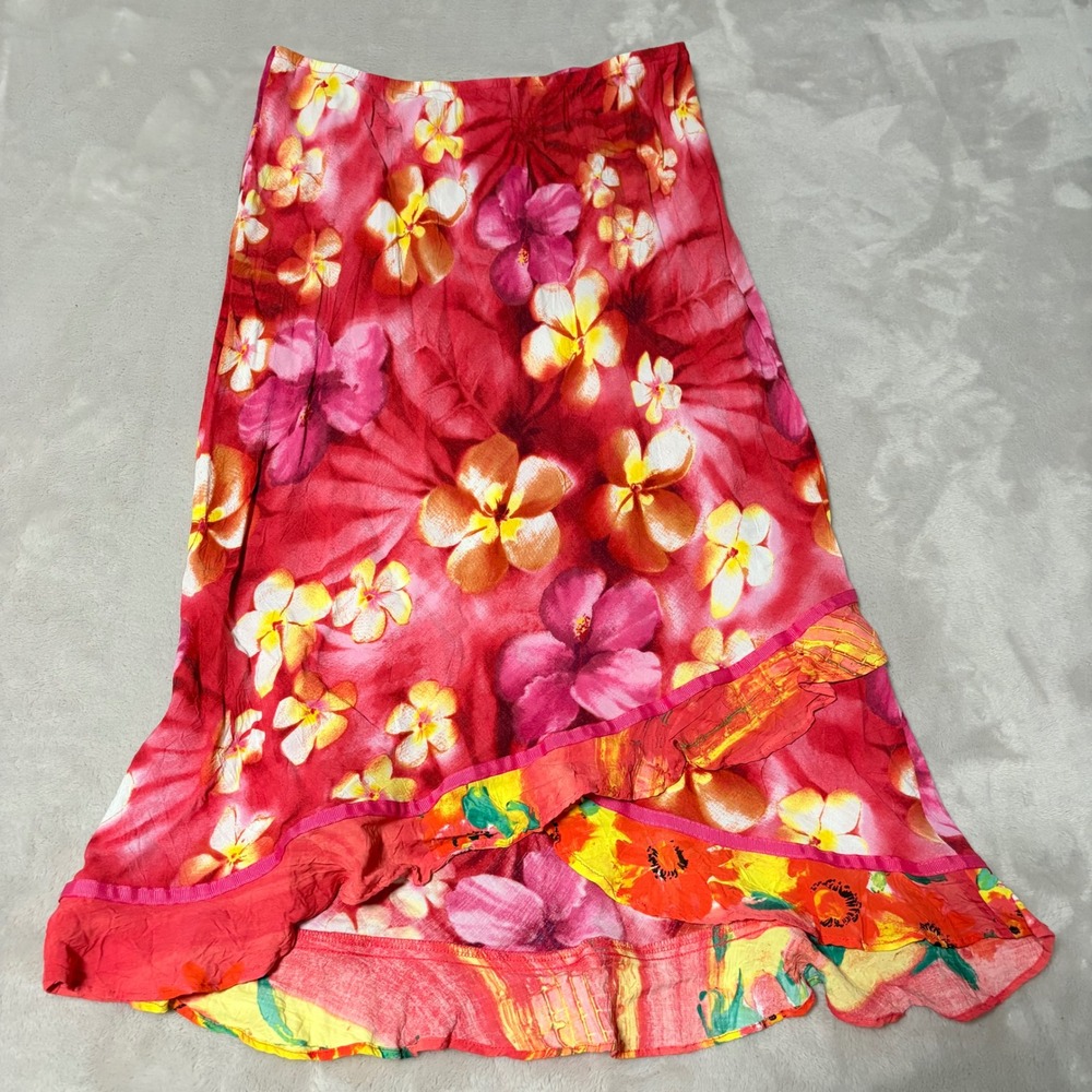 Jams World Tropical Floral Ruffle Midi Skirt Womens Red Size L Puanani Hibiscus